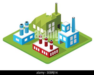 Isometric factories producing goods in an industrial zone, symbolizing manufacturing, industry, and production Stock Vector