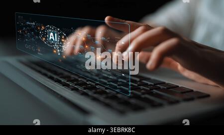 AI neural network and data processing system visualizing artificial intelligence with brain structure, chip, and connected data blocks for computation Stock Photo
