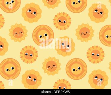 Pattern of cute sun characters. Isolated yellow background. Vector illustration. Stock Vector