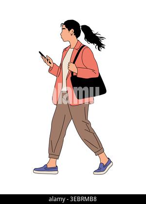 Young Woman walks while scrolling her phone Stock Vector