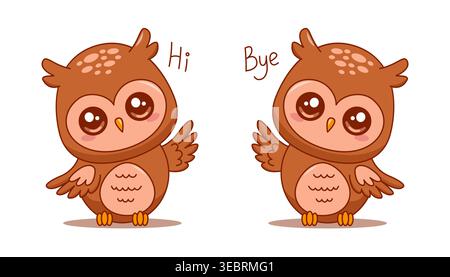 Cute owl waving hello and goodbye set cartoon characters isolated on white Stock Vector