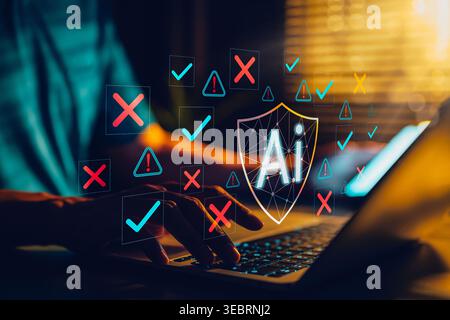 AI risk validation and trustworthy compliance control concept. Person using laptop with AI shield, check marks, warning alerts and rejection. Stock Photo