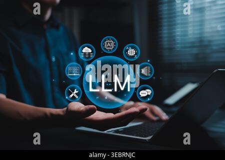 LLM large language model concept. LLM interface with chat, translation, code, automation, application, and big data icons, intelligent language proces Stock Photo
