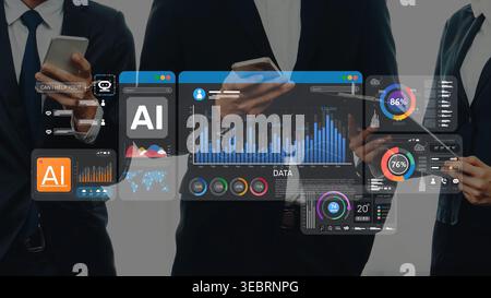 Business professionals utilize mobile devices to analyze vibrant data visualizations, enhancing decision-making and strategic insights in a modern Stock Photo
