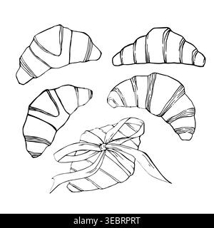 Classic croissants set line art hand drawn outline french pastry isolated on white Stock Vector