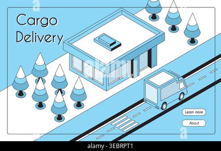 Cargo delivery truck transporting goods along a road, illustrating logistics and shipping concepts in a modern isometric style Stock Vector