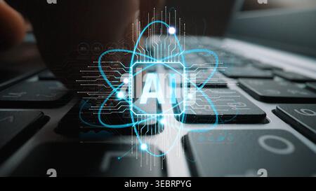 Close-up of Keyboard with Futuristic AI Concept Depicted through Digital Design and Technology Elements Representing Innovation and Progress in Stock Photo