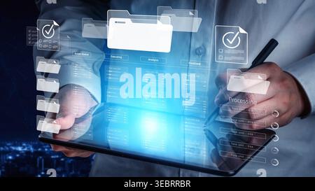 Project management system showing workflow stages, task progress, and review status. Task progress tracks completion, task progress improves workflow Stock Photo