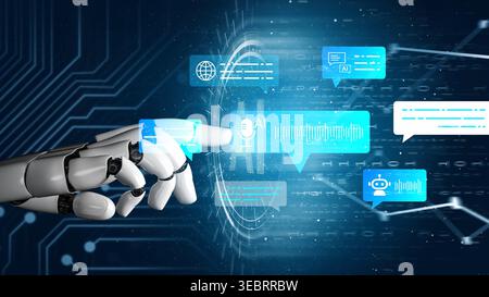 Futuristic Robotic Hand Interacting with AI Speech Recognition Interface and Digital Communication Elements in a Technology Background Gluon. Stock Photo