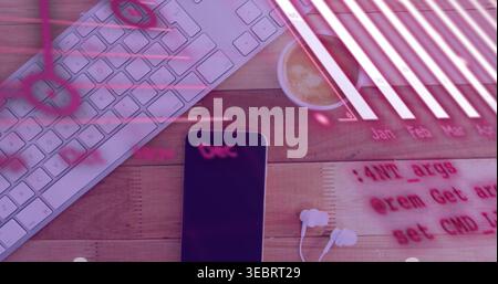 Displaying black phone showing pink Dec on wooden desk with keyboard coffee earphones pink overlay Stock Photo