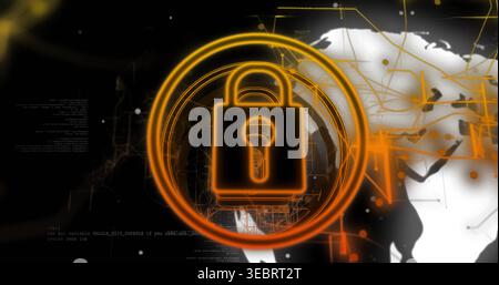 Displaying neon orange padlock icon sitting at center in cyberspace, radiating rings with map nodes Stock Photo