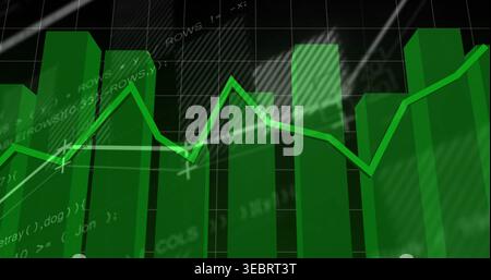 Displaying 3D green bar chart in digital analytics dashboard, overlaying neon-green line graph Stock Photo
