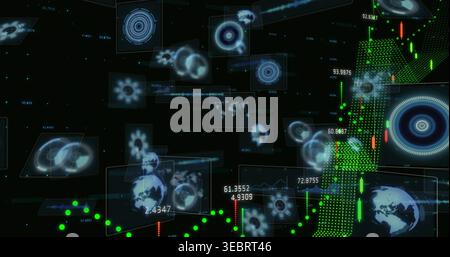 Displaying holographic map panels floating in virtual dashboard, with green candlestick chart Stock Photo