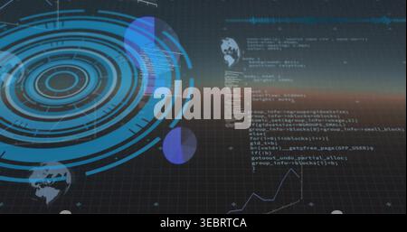 Rotating concentric circular HUD hovering left on dashboard, showing grid, code, globe, waveform Stock Photo