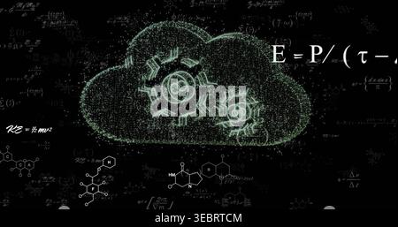 Forming green particle cloud with two gears on black canvas, showing E=P or (?- Stock Photo