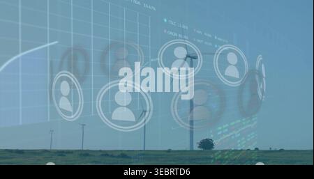 Displaying wind turbines blending digital dashboard over flat grassland, showing avatar icons Stock Photo