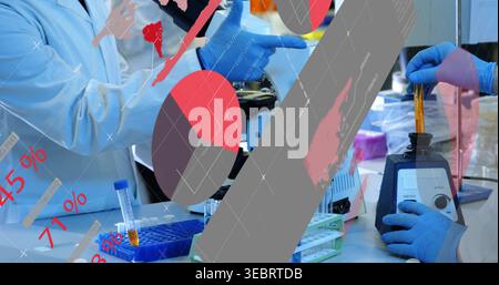 Handling tech in lab coat blue gloves placing tube into vortexer at lab bench, infographic overlays Stock Photo