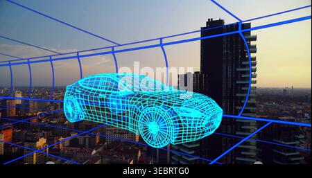 Floating cyan wireframe car hologram hovering above rooftops at sunset, with blue grid scaffold Stock Photo
