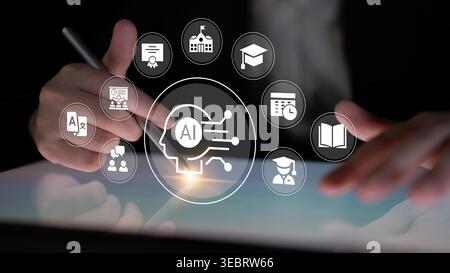 A person engages with a touchscreen device displaying digital icons representing artificial intelligence and educational concepts, highlighting the Stock Photo
