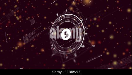Displaying central HUD interface showing white dollar sign, rings, glowing bokeh in virtual maroon Stock Photo