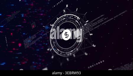 Displaying central HUD with white dollar symbol in virtual space, showing wireframe mesh and code Stock Photo