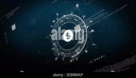Showing center white circle $ sign in dark-teal HUD featuring concentric rings, $â‚¬Â£Â¥, floating code Stock Photo