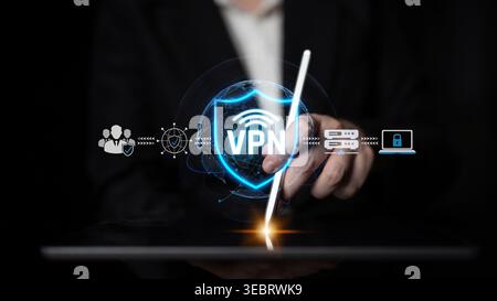 Digital Security Concept with VPN Protection and Data Privacy on Tablet Device in Dark Environment for Cybersecurity Themes Sigmoid Stock Photo