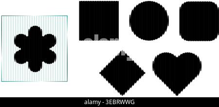 Abstract frost texture logo, ribbed glass overlay. Circle sleek heart, square diamond line, distorted shape. Glitch overlay wavy polycarbonate plate Stock Vector