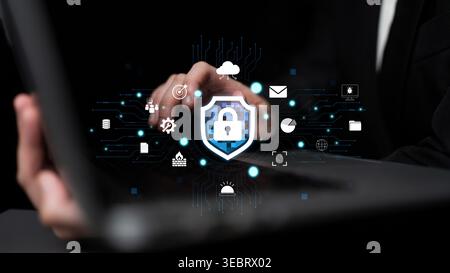 Hands Typing on Laptop with Digital Security Icons and Protection Shield Graphics Illustrating Cybersecurity Concepts and Data Privacy Measures Quark. Stock Photo