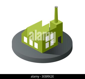 Green factory building icon representing industry, manufacturing, and sustainable production processes on a circular base Stock Vector