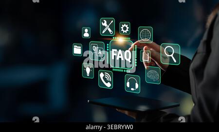 Digital Interface Representing Frequently Asked Questions with Modern Icons and Touchpoint Gesture for User Interaction in a Dark Background Fluxor. Stock Photo