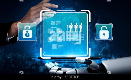 Futuristic Data Security Concept with Robotic Hand and Virtual Interface Showcasing User Profiles and Protection Mechanisms for Digital Privacy Gluon. Stock Photo