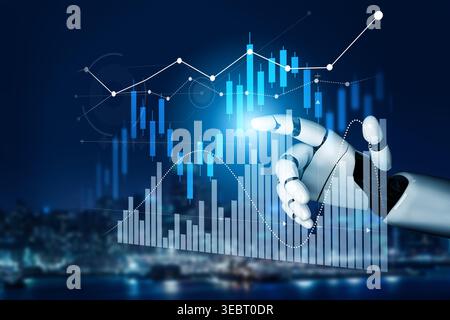 A robotic hand engages with digital financial graphs, illustrating market trends and data analysis in a modern and innovative business environment Stock Photo