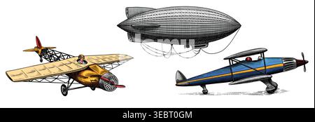 Passenger airplane corncob or plane aviation. Airship or zeppelin and dirigible or blimp. Travel illustration. Engraved hand drawn in old sketch style Stock Vector