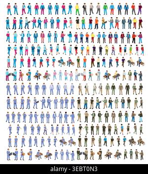 Isometric view of a diverse crowd of people engaged in different activities, showcasing various professions and actions Stock Vector