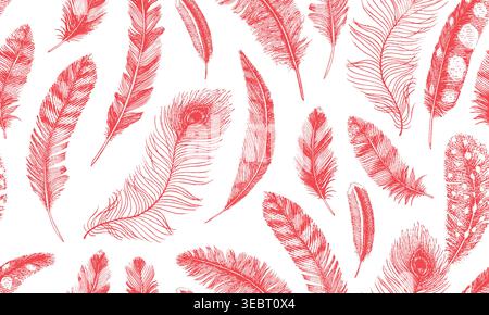 Seamless pattern with red feathers from different wild birds, eagles and owls. Peacock and goose fluffy feather for textile and pillow patterns Stock Vector