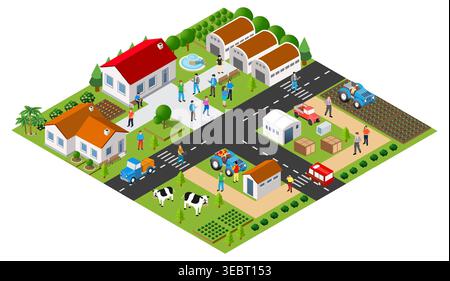 Farmers cultivating land and raising livestock in rural community isometric view Stock Vector
