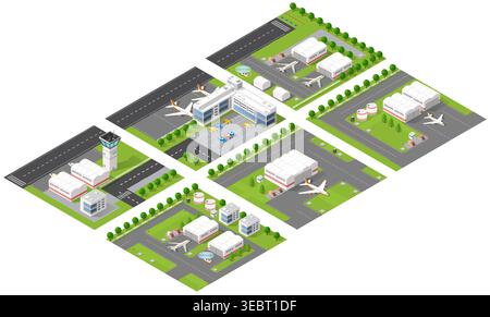 Isometric airport modules showing control tower, hangars, and airplanes Stock Vector