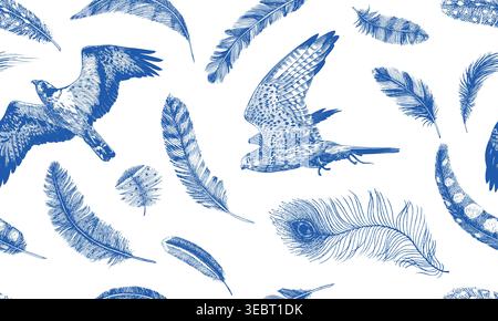 Birds and feathers seamless pattern. Common kestrel and osprey. Blue hand drawn engraved banner for textile wallpaper and web usage. Natural Stock Vector