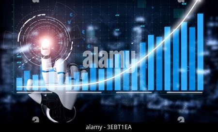 A futuristic robotic hand interacts with intricate digital graphs, symbolizing the intersection of technology and data analytics in business and Stock Photo