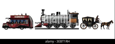 Vintage transportation Locomotive or train and Horse carriage. Coachman on an old victorian Chariot. Old transport. Retro old school bus auto Stock Vector