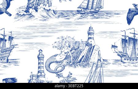 Nautical Toile de Jouy seamless pattern with mermaid and lighthouses on a rock and ocean with ships and sail boats. perfect for textile and wallpaper Stock Vector