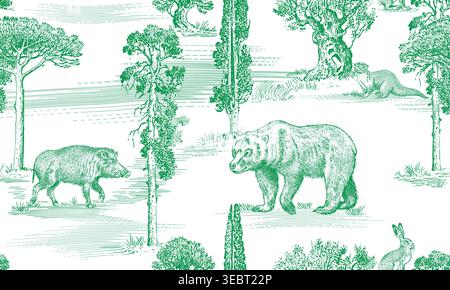 Toile de Jouy seamless pattern with forest animals and Castles. Bear and wild boar with hare and otter, olive trees and pines. perfect for textile Stock Vector