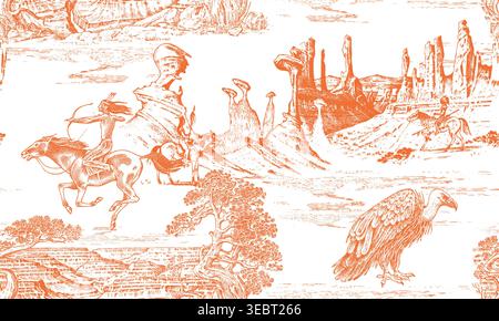Toile de Jouy seamless pattern with Native American horseback with a bow on Wild West red rocks and Grand Canyon. Desert landscape and vulture perfect Stock Vector