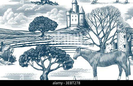 Toile de Jouy seamless pattern with a horse and Castles in ruins with old leafless oak tree. Rural medieval dark fantasy feeling. perfect for textile Stock Vector