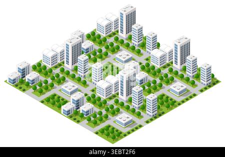 Modern isometric city with green trees and white skyscrapers Stock Vector