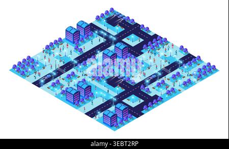 Futuristic smart city at night with glowing buildings and citizens walking on streets Stock Vector