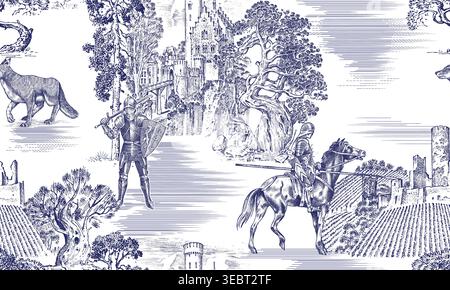 Medieval toile de jouy seamless pattern with Knights armoured and horseback in front of castles and forest with old trees and pines. England and Stock Vector