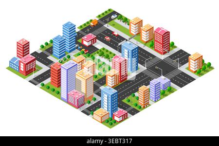 Colorful isometric city center with skyscrapers and traffic Stock Vector