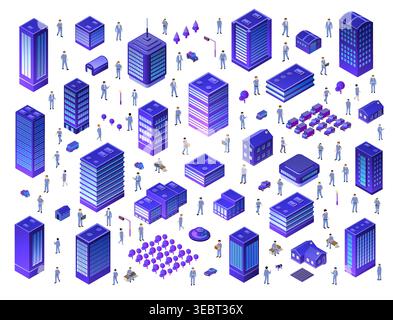 Urban planning concept with isometric buildings and business people working Stock Vector
